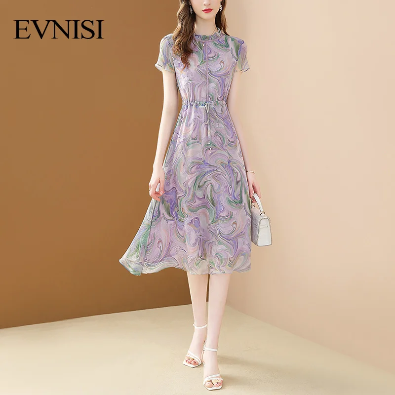 

EVNISI Fashion Ruffled Neck Dresses Floral Print Dress For Women 2022 Summer A-Line Chiffon Elegant Dress Holiday Vestidos