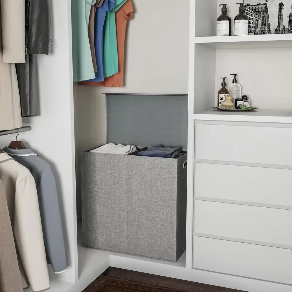 Тканевая корзина для белья с двумя отделениями сортировщик серого цвета крышкой