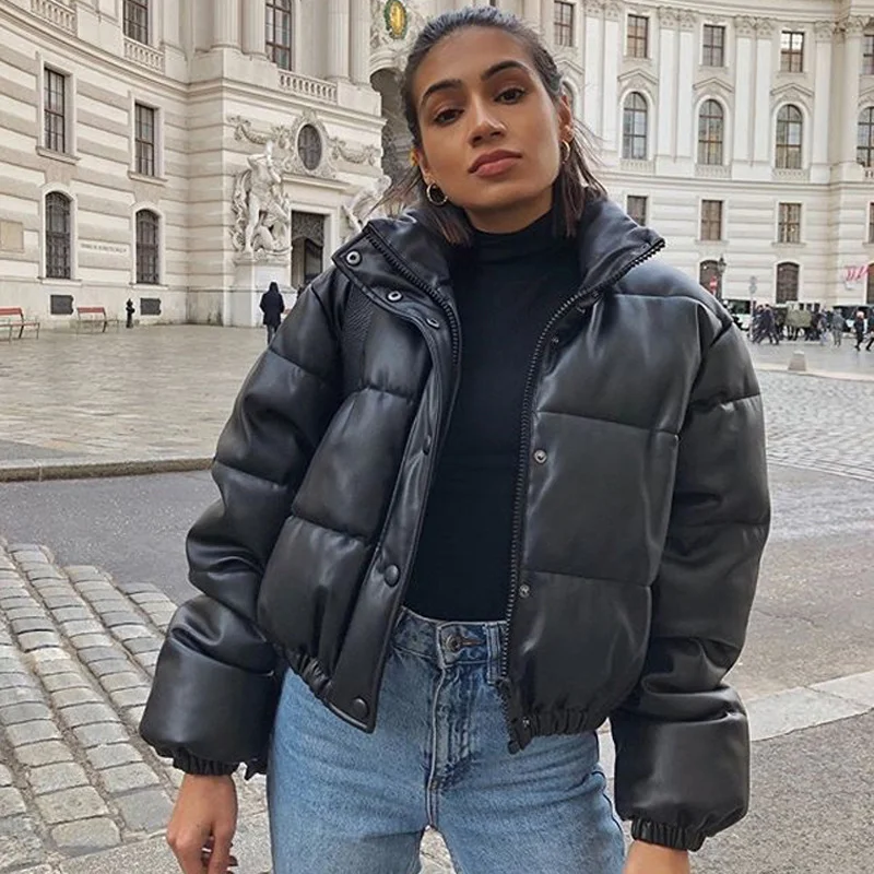 Winter Warm Thick PU Leather Coats Women Short Parkas Fashion Black Cotton Padded Lady Down Jacket Elegant Zipper Clothes