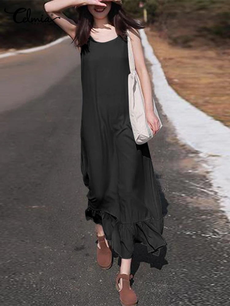 

Summer 2022 Holiday Dress Women Round Neck Maxi Dresses Celmia Casual Loose Sleeveless Sundress Fashion Ruffled Stitching Robes