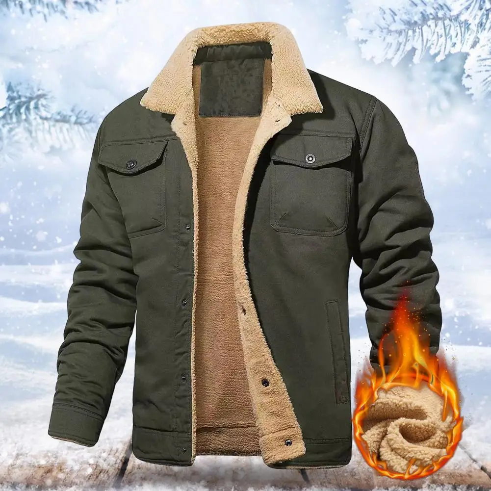 

Popular Men Coat Autumn Winter Male Jacket Plush Lining Turndown Collar Pockets Jacket Windbreaker Keep Warm
