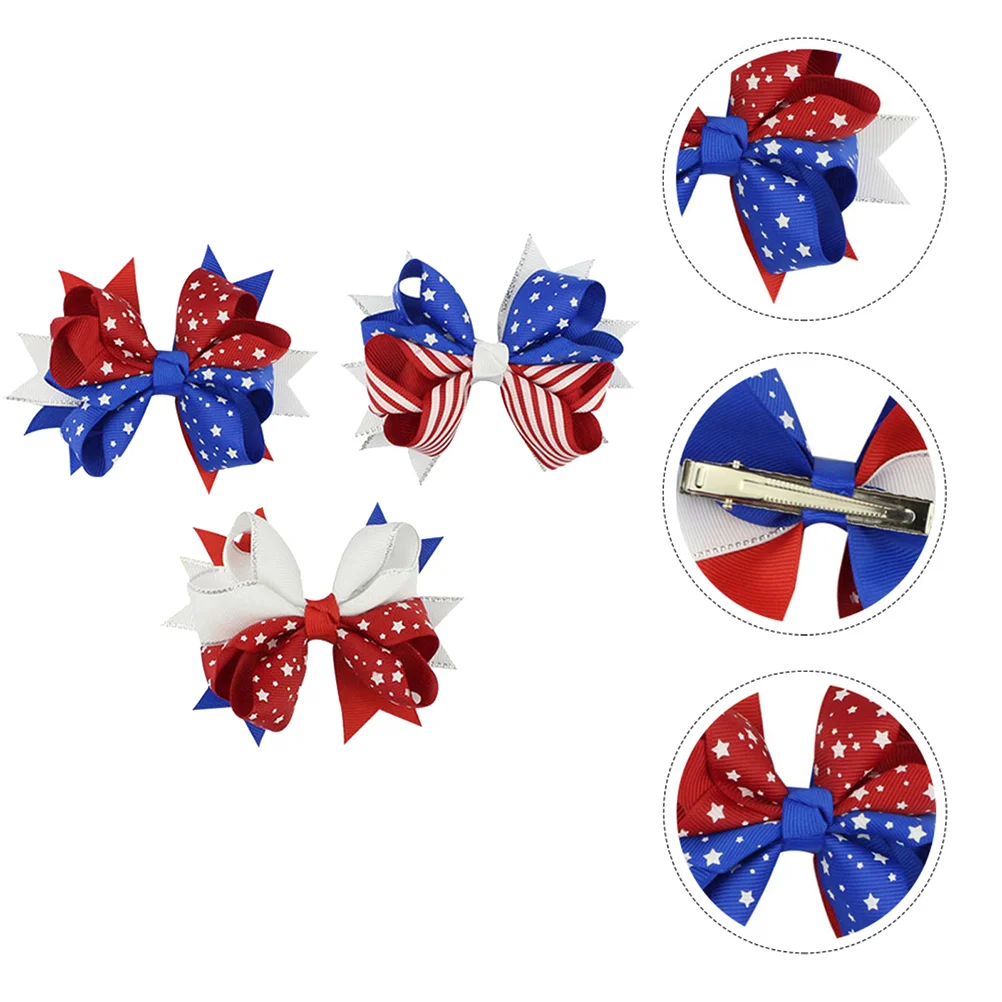 

3 Pcs Bow Hairpin Festival Clips Independence Day for Girls Bowknot Accessory Decorations Flag