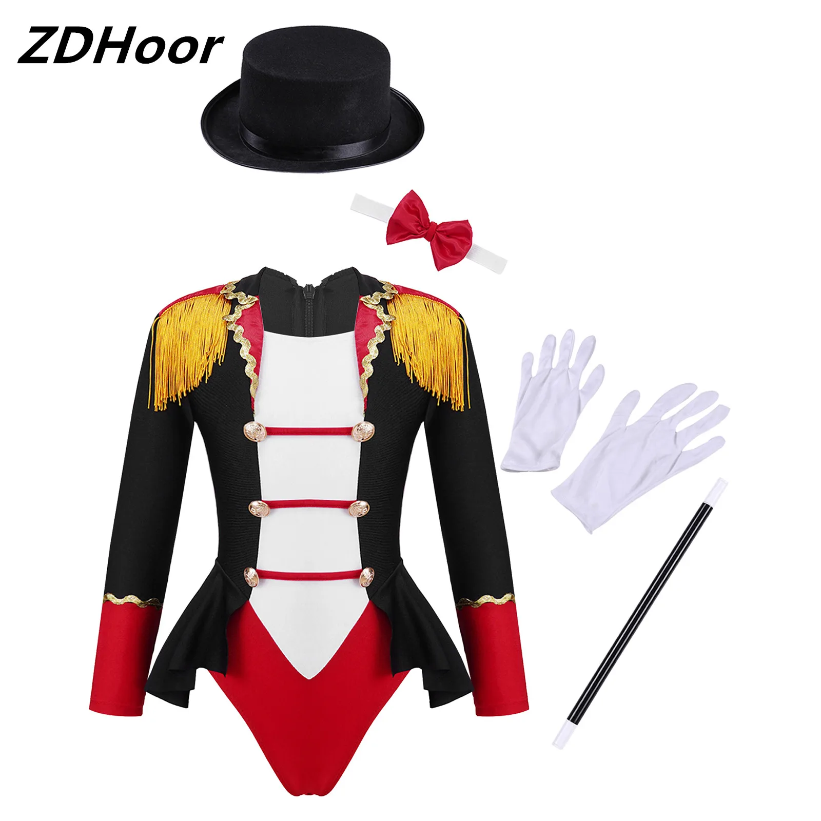 

Kids Girls Circus Costume Set Long Sleeve Lapel Tassel Shoulder Leotard with Bow Tie Hat Magic Wand Gloves for Halloween Cosplay