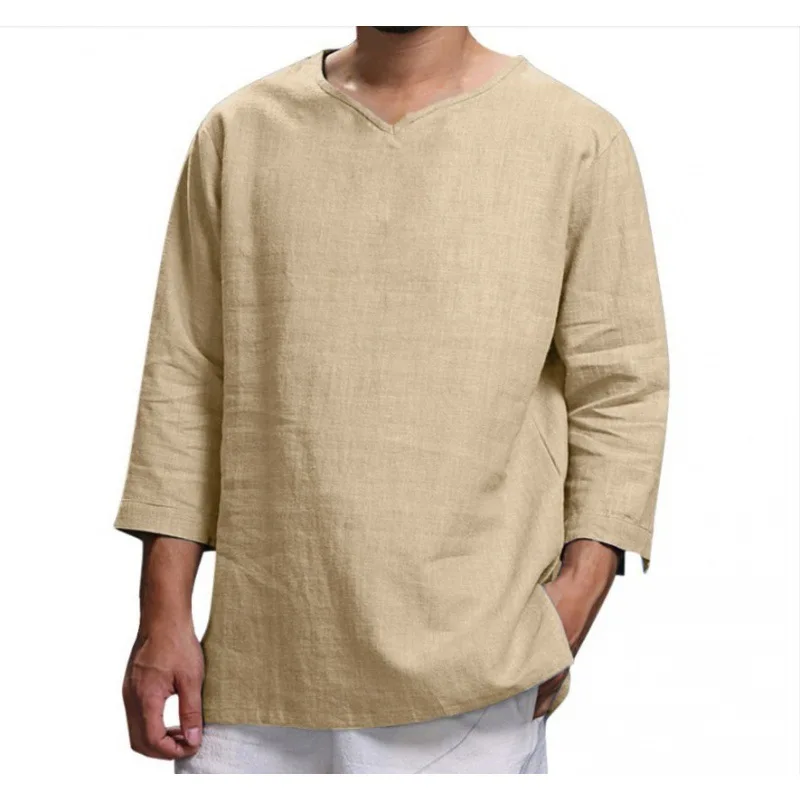2022 autumn new solid color cotton and linen three-quarter sleeve men's V-neck shirt large size loose casual men's pullover top