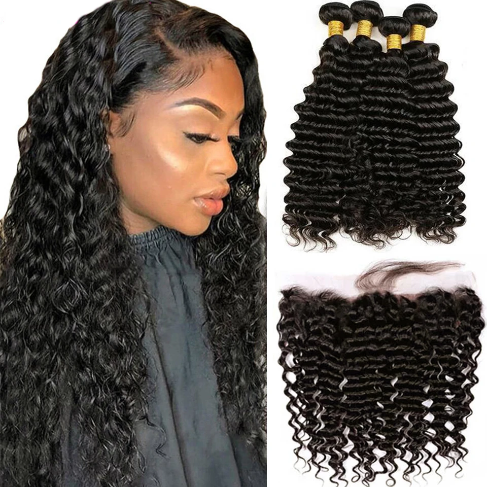 30 32 34 36 Inch Deep Wave Bundles With Frontal Brazilian Hair 13x4 Transparent Lace Frontal With Bundles Hair Weave Extensions