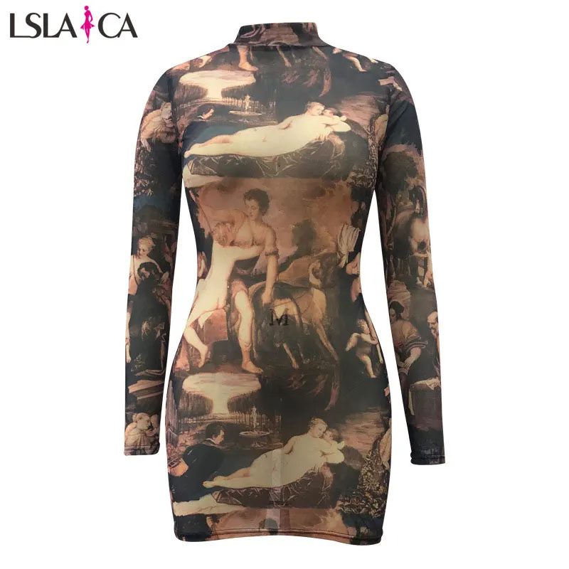 

Women's fashion Slim sexy oil painting image printing loose long sleeve dress autumn