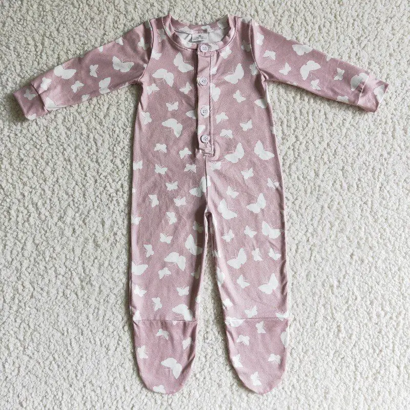 

Boutique infant baby romper butterfly pattern long sleeve button design autumn winter 100% cotton girls jumpsuits wholesale
