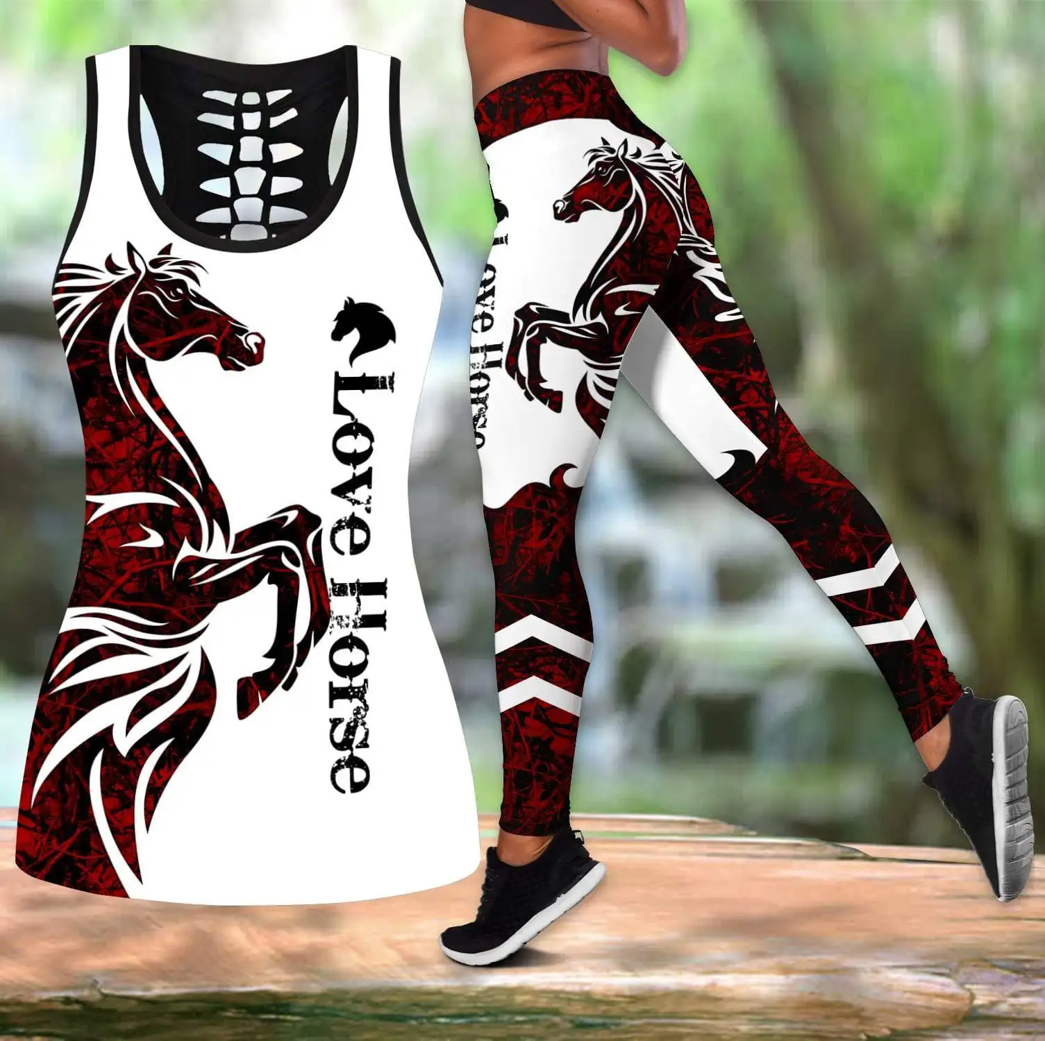 

Love Horse Tatoo 3D All Over Printed Hollow Tank Top & Leggings Set Fitness Female Full Length Leggings Running Pants DDT16