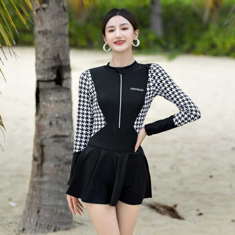Women Swimsuit One Piece Plaid Swimdress Long Sleeve Shorts Bathing Suit Female Swimwear Skirt Zipper High Quality