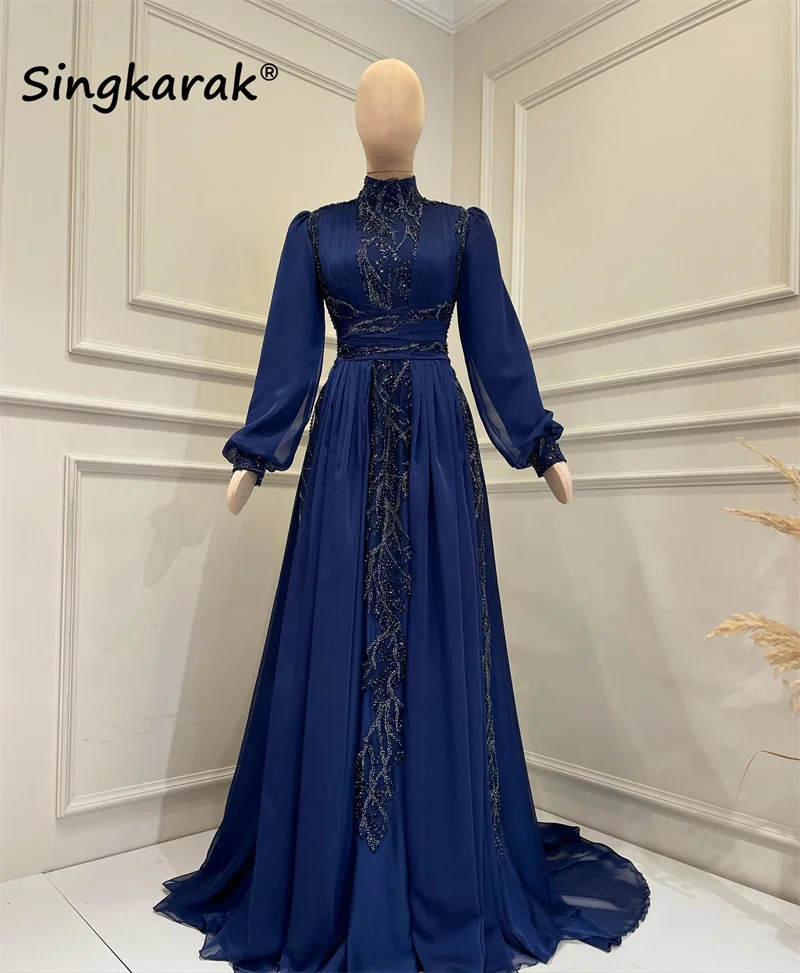 

Темно-синее мусульманское вечернее платье 2023, блестящие свадебные платья с длинным рукавом, блестящими бусинами и блестками, аппликация в Дубае, для выпускного вечера