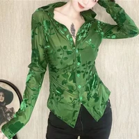 fashion designer clothing mesh hollow out floral black green shirt women long sleeve top button up see through blouse