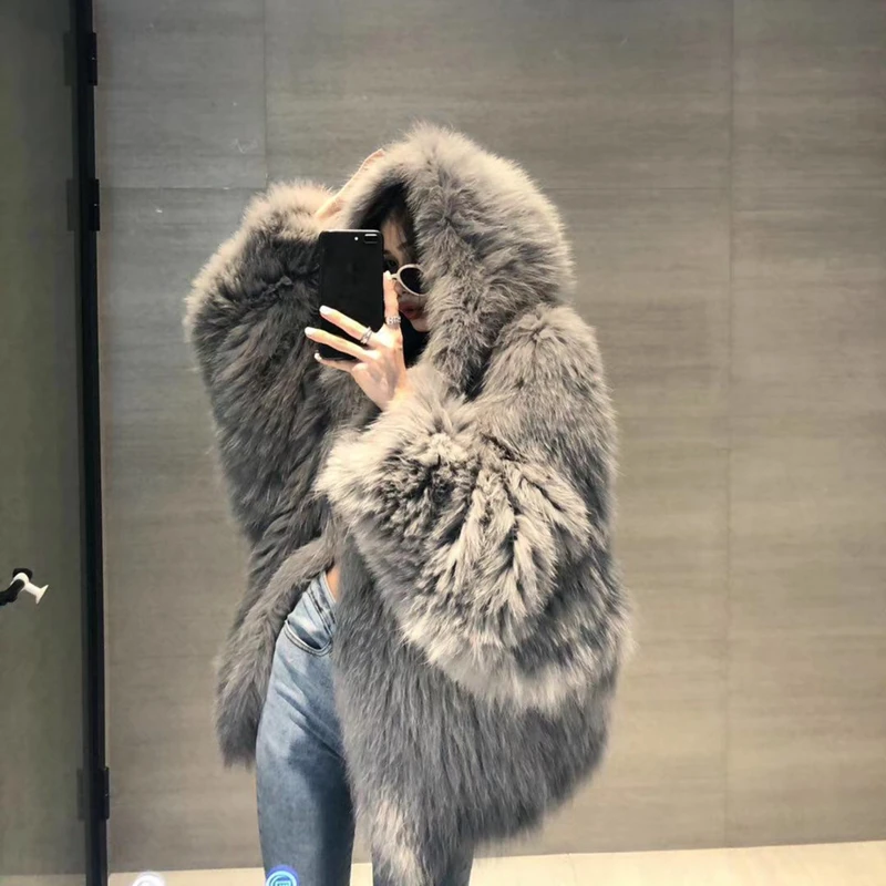 Hooded Fox Fur Jacket Women's Winter Mid-Length Young Woven Imitation Fur Plush Coat