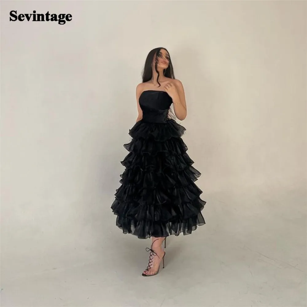 

Женское платье без бретелек Sevintage, черное фатиновое платье в юбке ниже колена, модная одежда, модель 2023 года