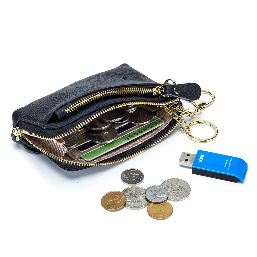 2022 New Women Wallet Genuine Leather Coin Change Purse Pouch Slim Minimalist Female Pocket Card Holder Wallets with Key Ring