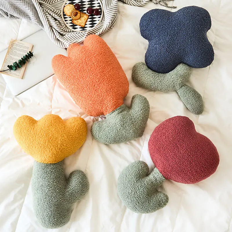 

DUNXDECO Ins Flora Teddy Fleece Cushion Cozy Decorative Pillow Love Present Soft Yellow Tulip Home Sofa Chair Bedding Decorating