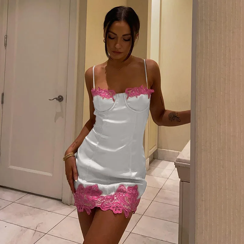 

Women Sexy Ins Sleeveless High Waist Corset Slim Fit Mini Dress Streetwear Lace Embroidety Sation Strap Bodycon Dress