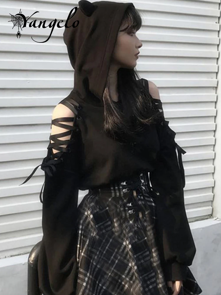 

Женская Длинная толстовка с капюшоном и надписью yangeldo Mea, черный готический Модный пуловер с перекрестной повязкой, топы для осени и зимы