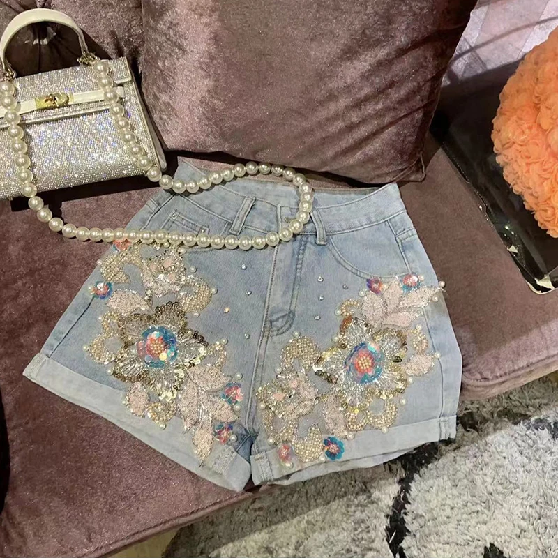 Korean Sweet Heavy Industry Beads Sequined Flower High Waist Denim Shorts Summer Shorts for Women's Loose Slimming Casual Shorts
