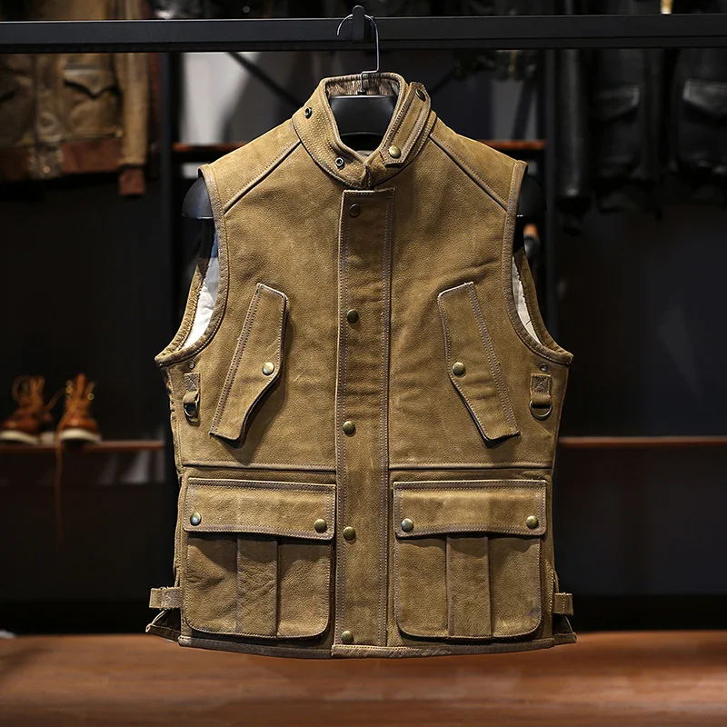 

Vintage Hunters Hunting Suit Leather Vest Men Stand Collar Locomotive Multi Pocket Thick Cowhide Cargo Clothing