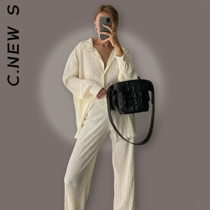 

New Women Set Soft Sets Lady Long Sleeve Blouse With High Wasit Pants Set Elegant 2 Piece Set Sexy Elegant Women's Set Female