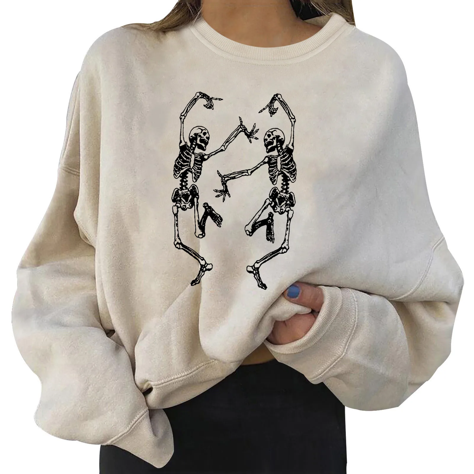 

Loose Long Sleeve Female Pullover Hoodies Women's Skull Dance Prints Sweatshirt Long Sleeve Tunic Top Pullover Woman Sweatshirt