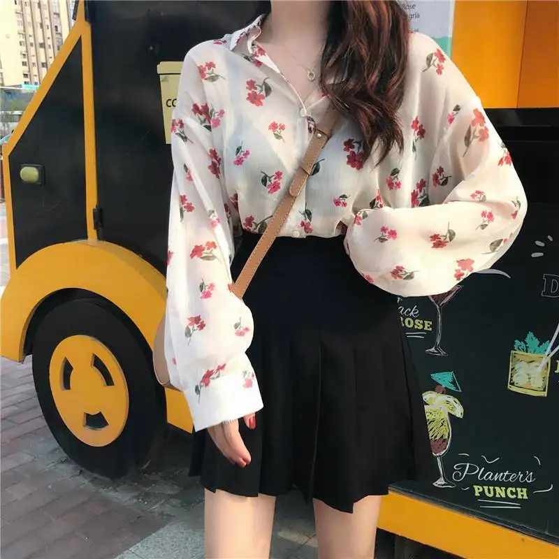 Spring Summer Floral Chiffon Thin Shirt Tops Long Sleeve Printing Loose Plaid Blouses Casual Fashion Women Clothing