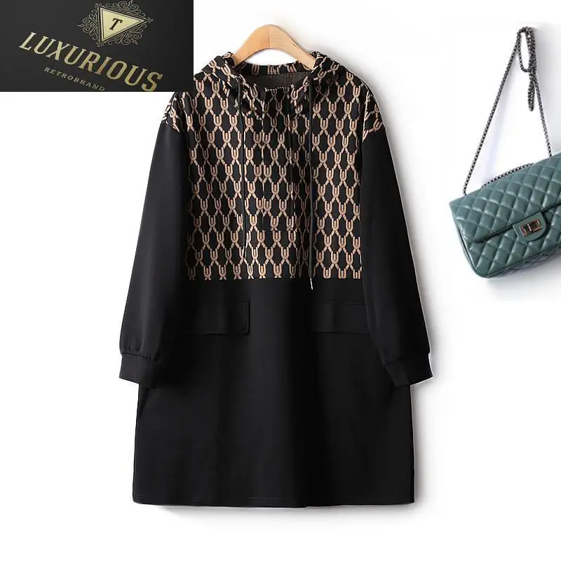 

Casual Autumn Women's Dresses 2024 New Korean Fashion Slim Hooded Dress Printed Straight Color Block Female Clothing 4XL
