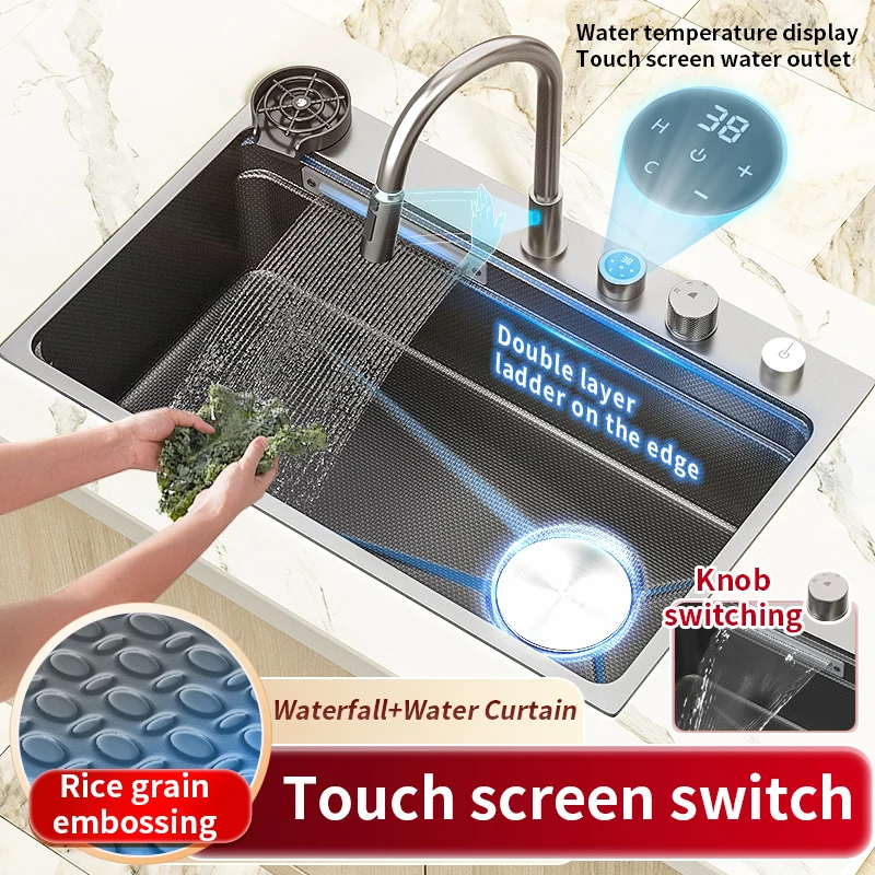 

Kitchen Sink Waterfall Sink Large Single Slot Nano 304 Stainless Steel Bowl Household Intelligent Dishwashing Basin for Kitchen
