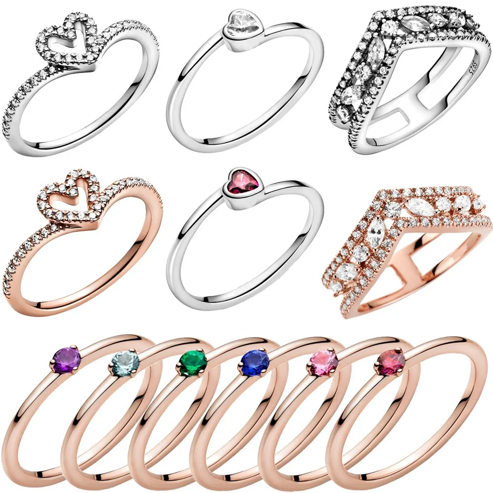 

New 2021 Valentine Day 925 Sterling Silver Rings Colorful Solitaire Heart Ring For Women Jewelry Engagement Anniversary Gift