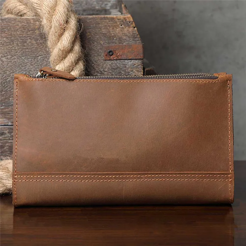 Fashion retro crazy horse cowhide men's clutch bag outdoor mobile phone business card holder card long 2 zippers messenger bag