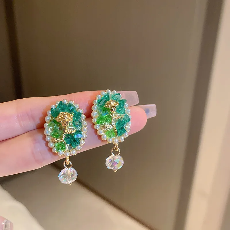 

2022 Korean New Blue Green Crystal Rose Flower Drop Earrings For Women Fashion Jewelry Temperament Oorbellen Brincos