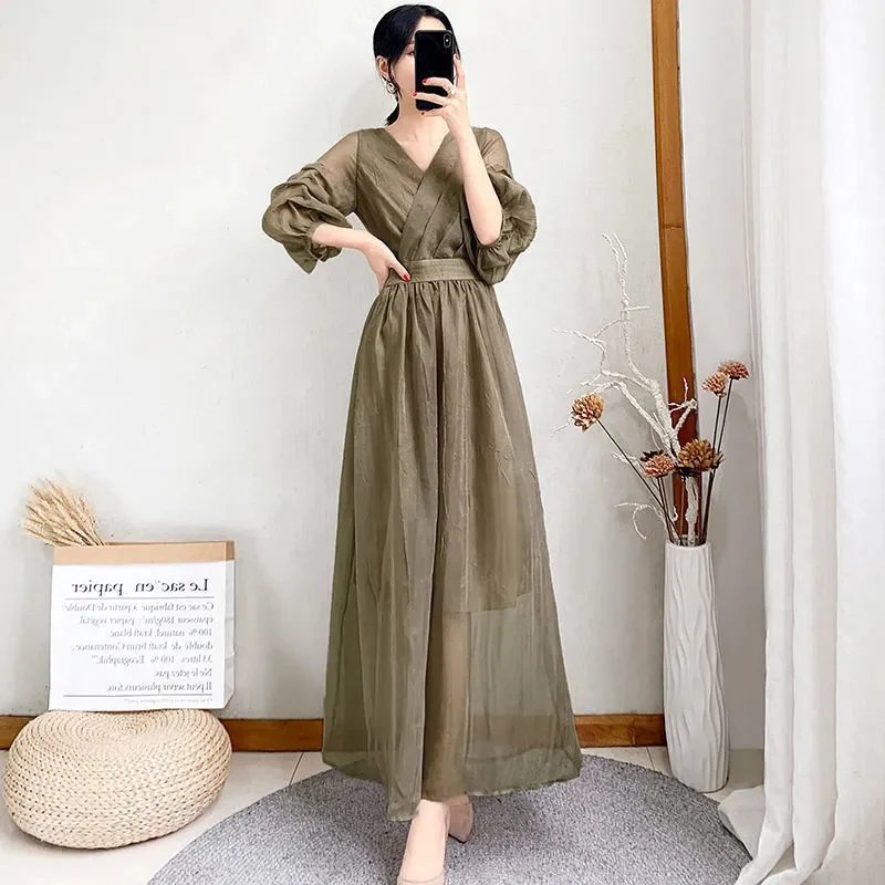 

Party 2022 High Korean Dresses Elegant Chic Dress Lucyever Women A-line Waist Dress Woman Summer Solid V-neck Midi Maxi For