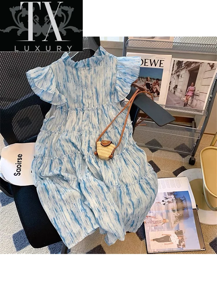 

Summer Beach Women Casual Holiday Sleeveless Folds Blue Mini Dress Fashion Sweet Bodycon Pullover A-line Sundress Ladies