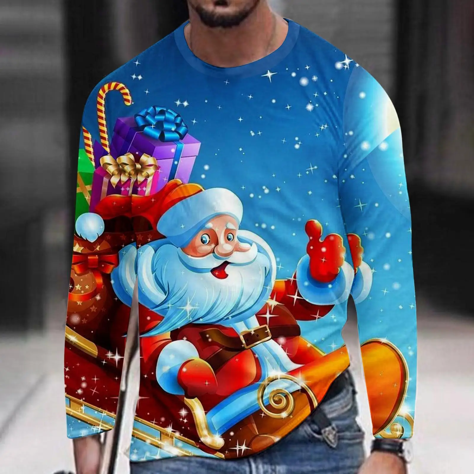 

Fashion men's Christmas Y2K tops street long sleeved round neck Santa Claus graphic t shirts trendy aesthetic clothing t-shirt