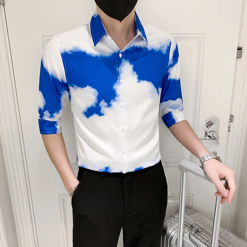 

2022 Gradient Printed Shirts Half Sleeve Slim Fit Casual Shirt Streetwear Social Party Tuxedo Blouse Vintage Mens Clothing