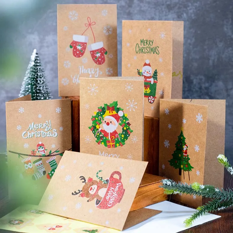 

6set Kraft Paper Merry Christmas Gift Card Xmas Greeting Card with Envelopes Stickers New Year Kerst Decoratie 2023 Navidad Noel