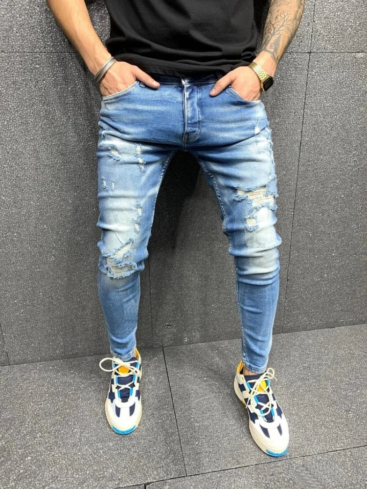 2022 New Men's Wear and Tear Feet Stretch Jeans Personality Fashion Slim Skinny Jeans Men's Fashion Clothing Trousers