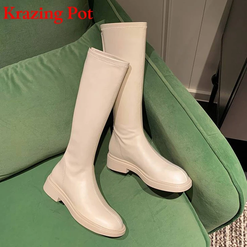 

Krazing Pot Cow Split Leather Riding Boots Round Toe Catwalk Med Heels Concise Style Zipper Cozy Street Wear Thigh High Boots