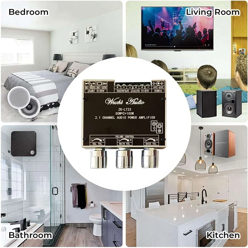 ZK-LT23 2 1 Channel усилитель звука Bluetooth Board Module 50W + 100W сабвуфер TWS True Wireless Audio DC9-24V