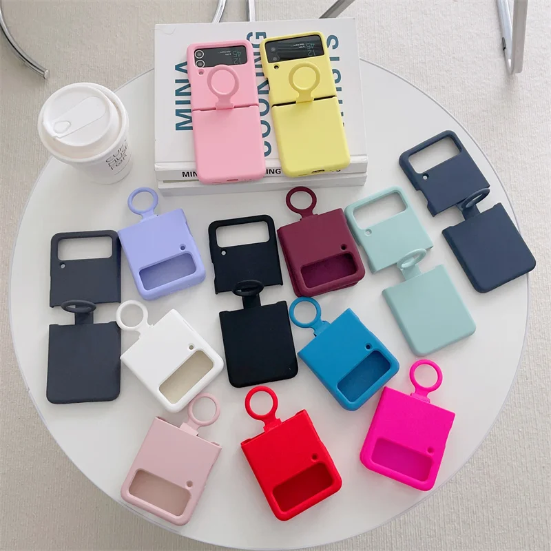 

Fashion Solid Color Ring Phone Case For Samsung Galaxy Z Flip 4 3 Cover Cute Liquid Silicone Cases For Z Flip3 Flip4 5G Funda