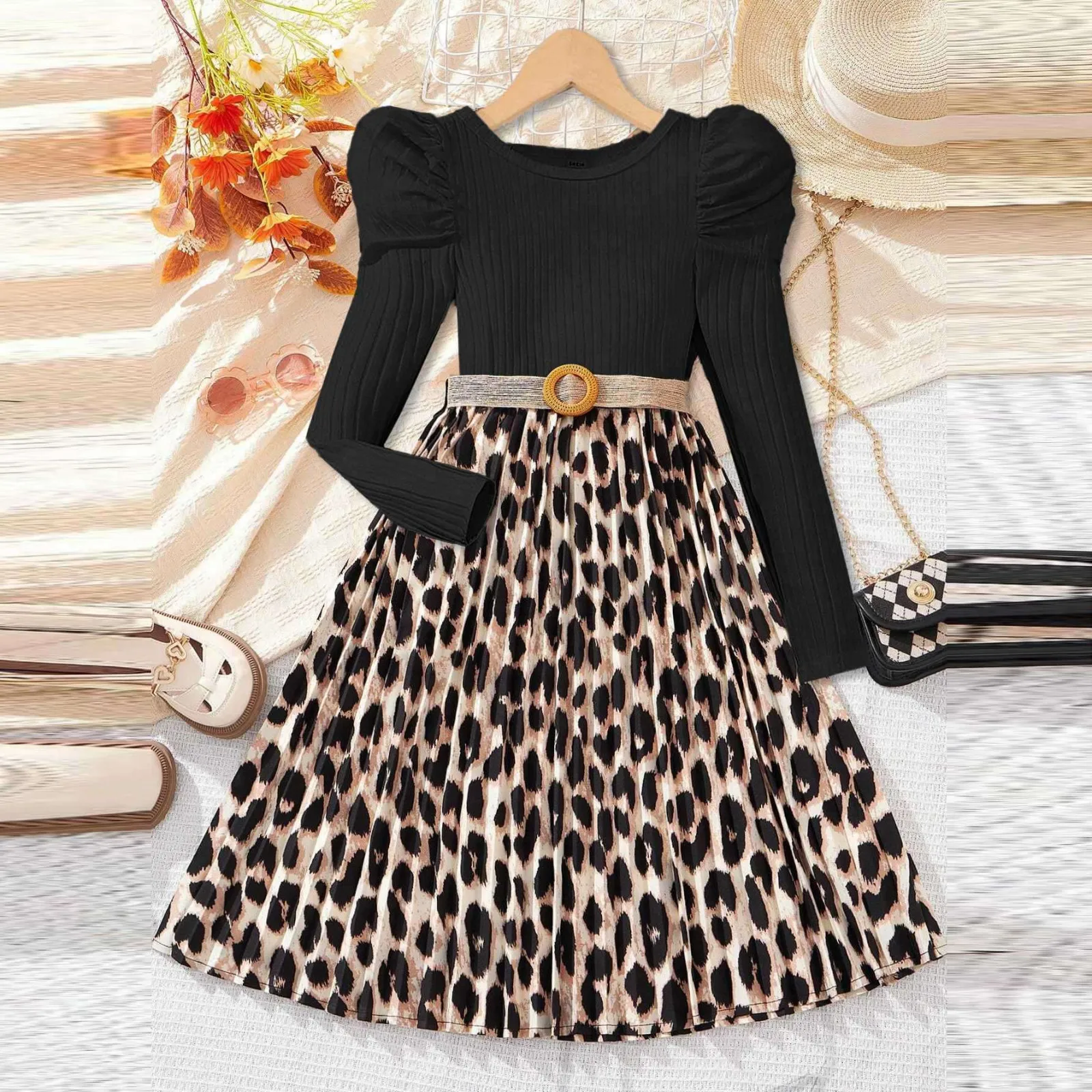 Платье женское с длинным рукавом и леопардовым принтом