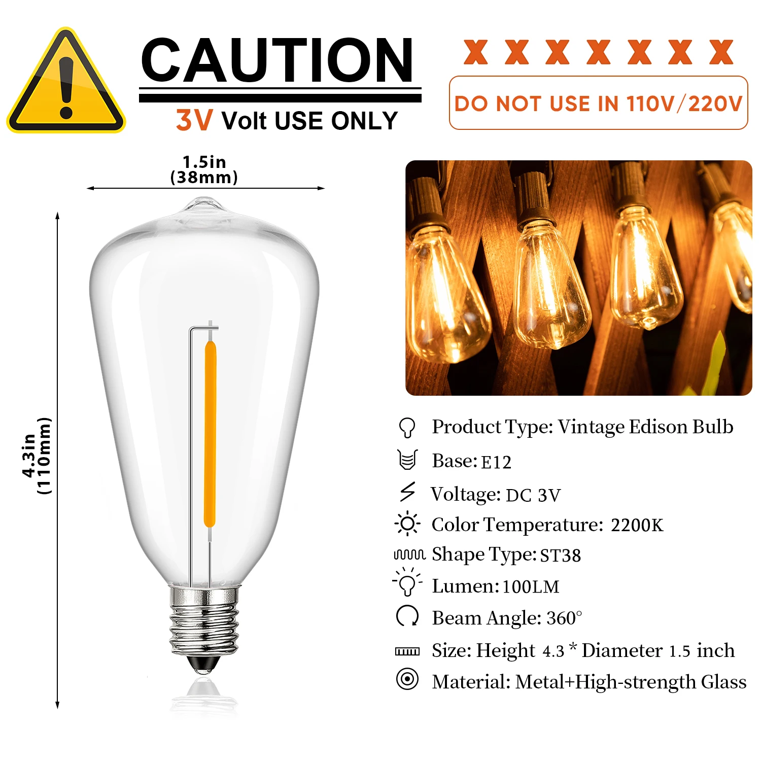 Низковольтные светодиодные фонари ST38 E12 1 Вт постоянного тока 3 В Пластиковые