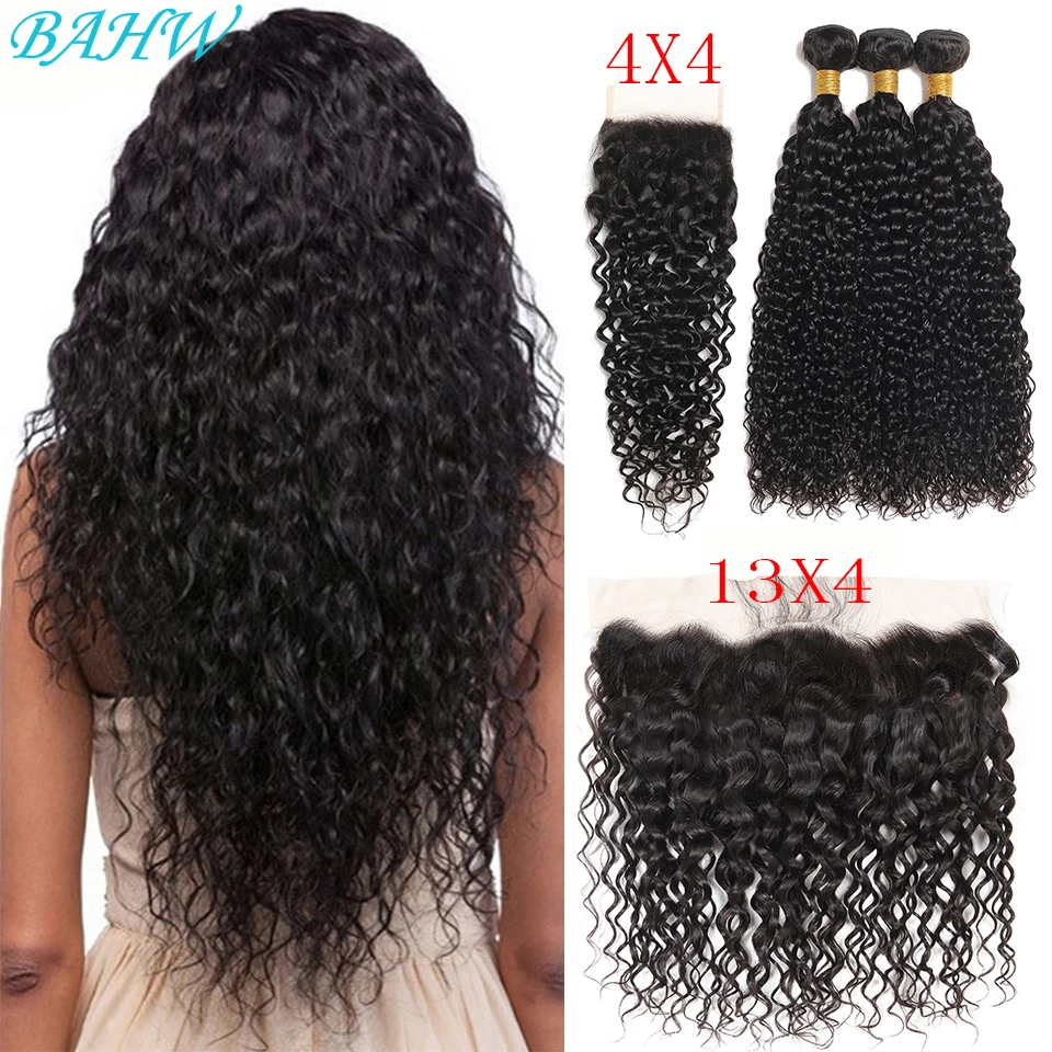 

BAHW Brazilian Water Wave Hair Bundles With Frontal 100% Human Hair 3/4 Bundles With Closure HD Transparent Lace Frontal Closure