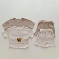 babies clothes for baby girl children boy waffle big pocket bear topssolid shorts suit toddler cotton short sleeve shirt sets