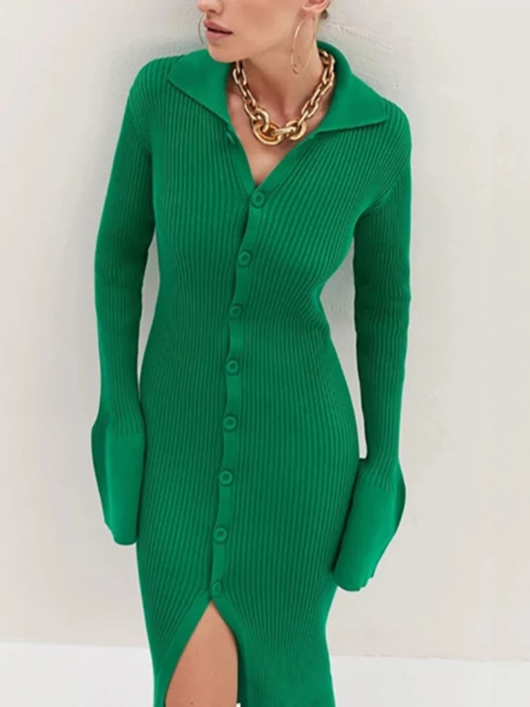 

Sexy Woman Winter Dress Women Knitted Slim Green Dress Sweater Long Sleeve Bodycon Dress Button Casual Y2k Club Party Dresses