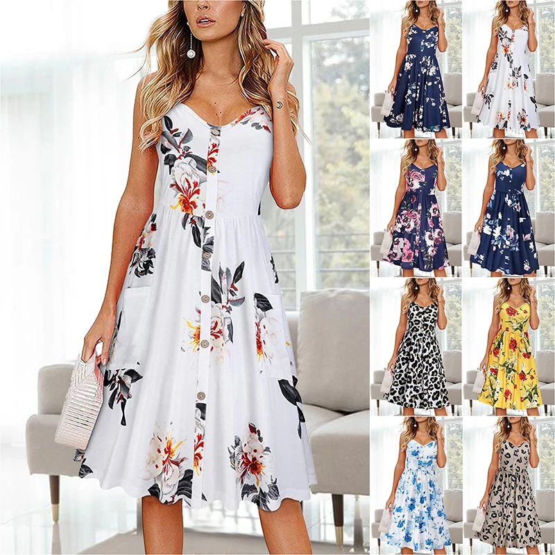 

French Retro Women Floral Dress Long Sheath Suspender Dress Holiday Style Print Large Swing 2023 Spring Summer Commuter Skirt