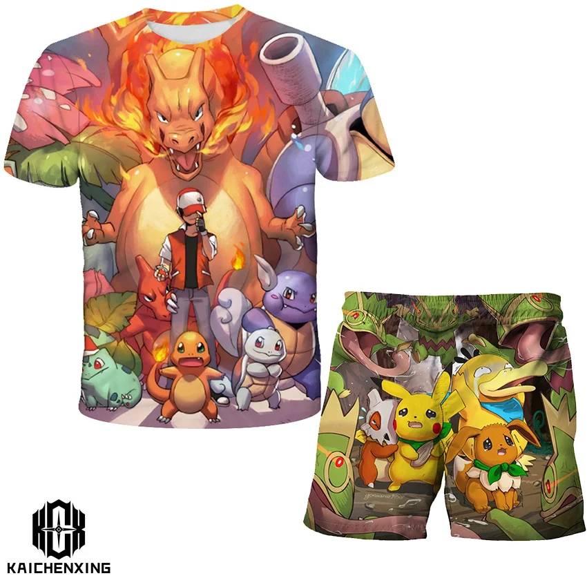 

New Summer Kids Pokemon 3D T shirts Clothes Sets Children 4-14T Boys Girls Cartoon Tops+Shorts 2Pcs Fashion Prints Clothing Suit