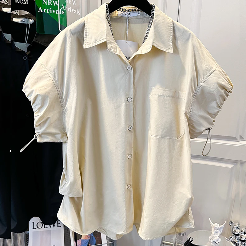 

Fashion Single Breasted White Shirt Women Drawstring Puff Short Sleeve Blouses Casual Loose Turn Down Collar Tops Summer 27514