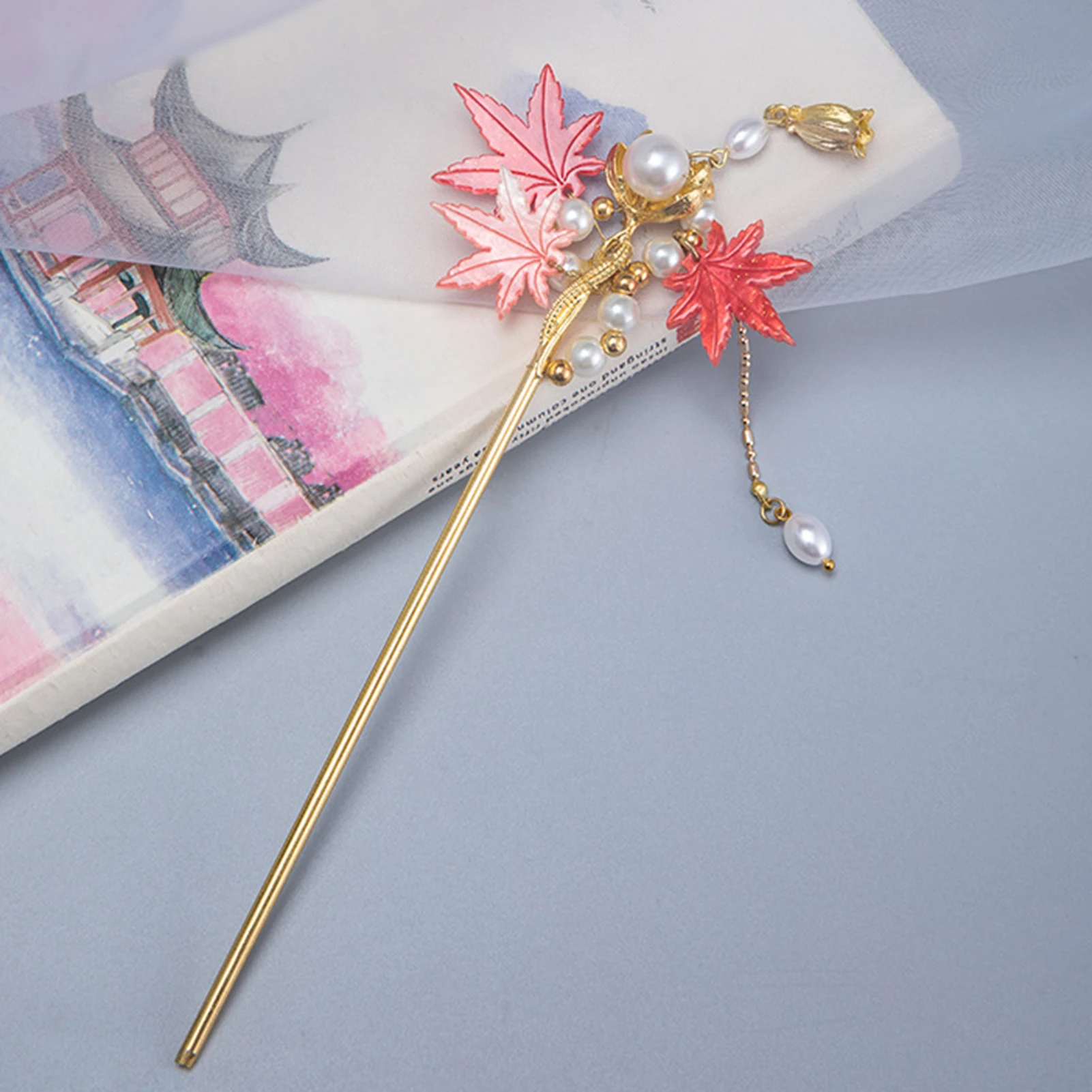 Заколки для волос в виде красного кленового листа золотого цвета металлические