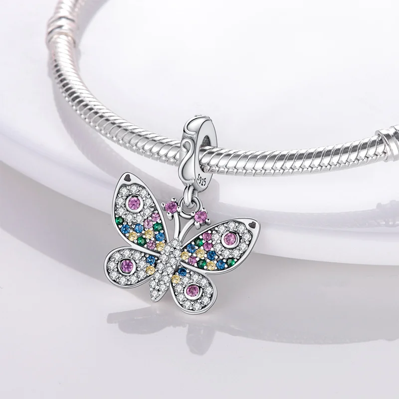 

Fit Original Pandora Bracelets silver color Zircon Pavé Butterfly Charms Bead Women silver color Pendant Diy Jewelry